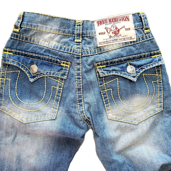 True Religion Billy Super T 32x33 (30x32) Distressed Straight Leg Blue Jeans - Picture 6 of 10
